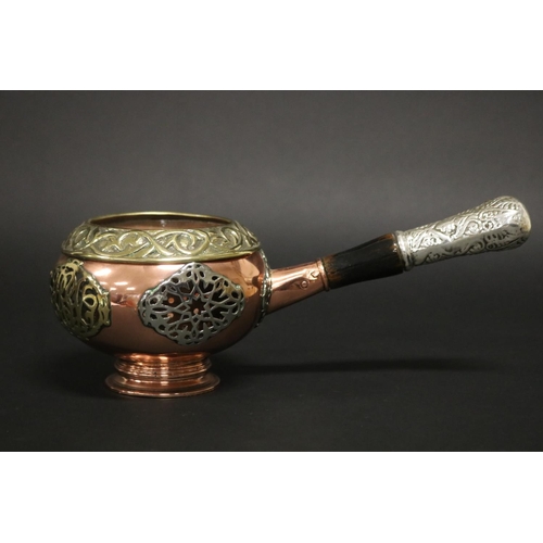 154 - Incense burner, with single wooden handle, brass & copper worked, approx 11cm H x 29cm L