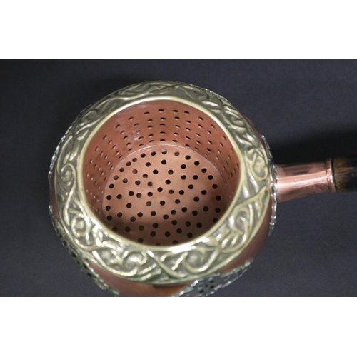 154 - Incense burner, with single wooden handle, brass & copper worked, approx 11cm H x 29cm L