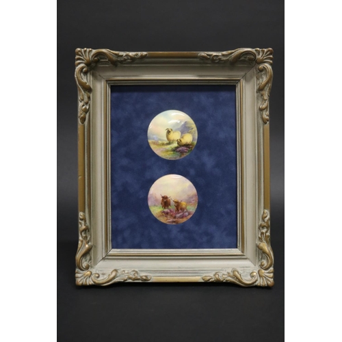 Two framed antique Royal Worcester porcelain circular panels, one with highland cows by H Stinton the other highland sheep by Davis, each approx 6.5 cm dia (2)