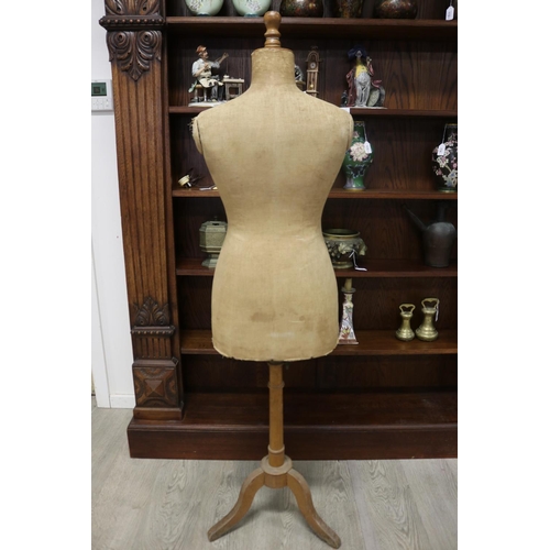 168 - Antique French dressmakers mannequin on tri form base, approx 155cm H