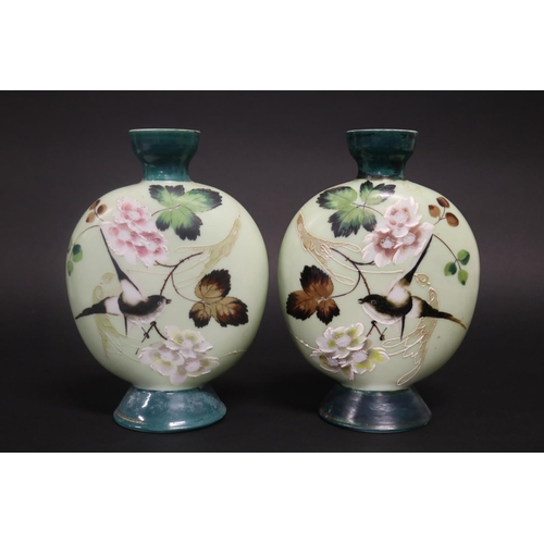 170 - Pair of hand painted glass moon flask vases, decorated with birds, approx 21cm H (2)