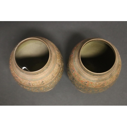 172 - Pair of Middle Eastern vases, with brass & copper work, approx 16cm H (2)