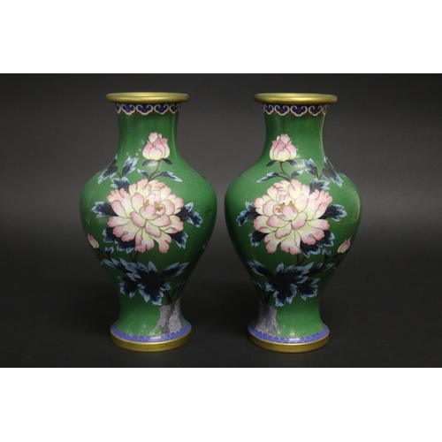 175 - Pair of green enamel cloisonné vases, approx 26cm H