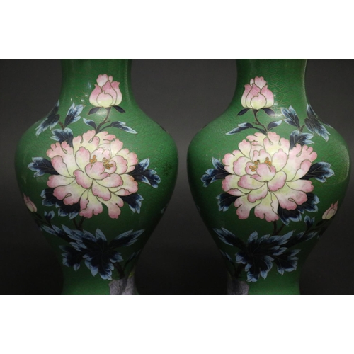 175 - Pair of green enamel cloisonné vases, approx 26cm H