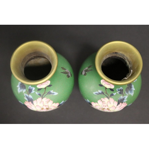 175 - Pair of green enamel cloisonné vases, approx 26cm H