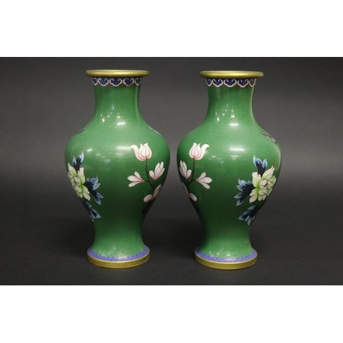 175 - Pair of green enamel cloisonné vases, approx 26cm H