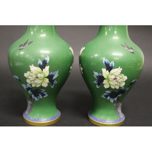 175 - Pair of green enamel cloisonné vases, approx 26cm H