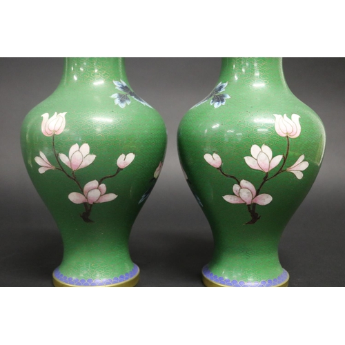 175 - Pair of green enamel cloisonné vases, approx 26cm H