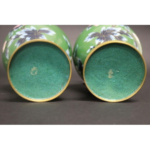 175 - Pair of green enamel cloisonné vases, approx 26cm H