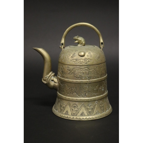 180 - Chinese brass teapot, with dragon motif & mouse finial to lid, approx 16cm H