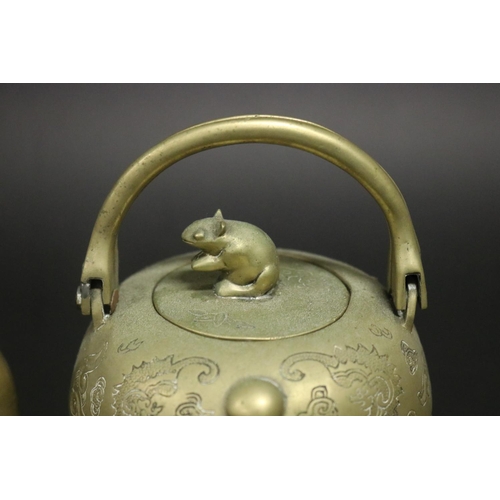 180 - Chinese brass teapot, with dragon motif & mouse finial to lid, approx 16cm H