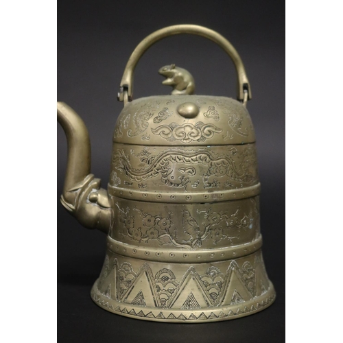 180 - Chinese brass teapot, with dragon motif & mouse finial to lid, approx 16cm H