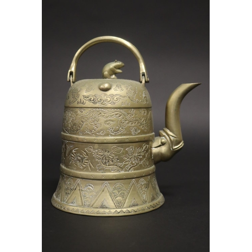 180 - Chinese brass teapot, with dragon motif & mouse finial to lid, approx 16cm H