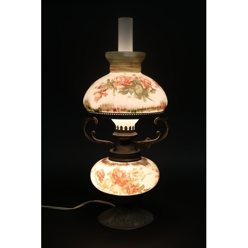 190 - Milk glass lamp with rose decoration, approx 48cm H