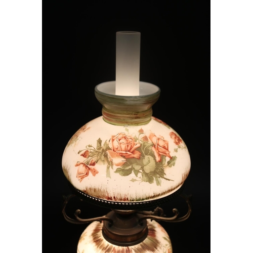 190 - Milk glass lamp with rose decoration, approx 48cm H