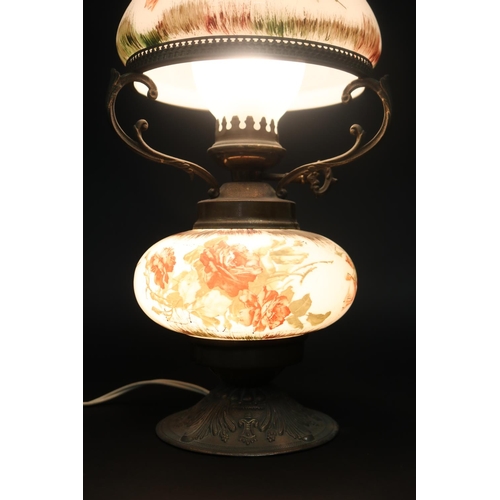 190 - Milk glass lamp with rose decoration, approx 48cm H