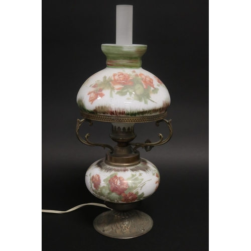 190 - Milk glass lamp with rose decoration, approx 48cm H