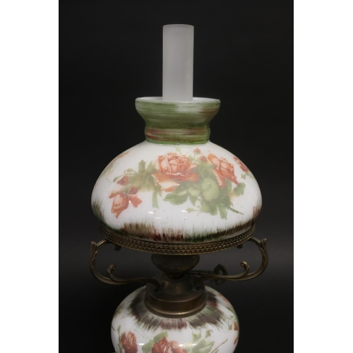 190 - Milk glass lamp with rose decoration, approx 48cm H