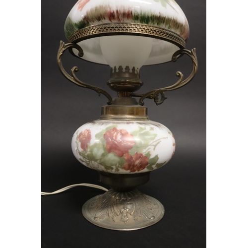 190 - Milk glass lamp with rose decoration, approx 48cm H