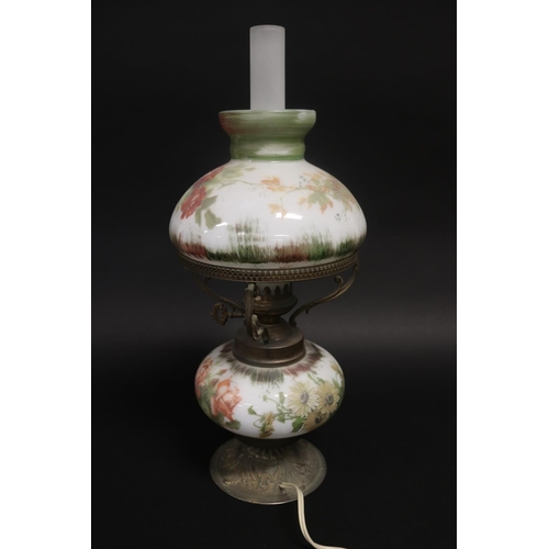 190 - Milk glass lamp with rose decoration, approx 48cm H