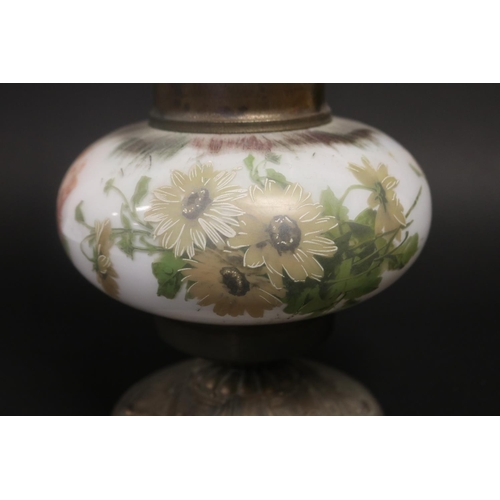 190 - Milk glass lamp with rose decoration, approx 48cm H