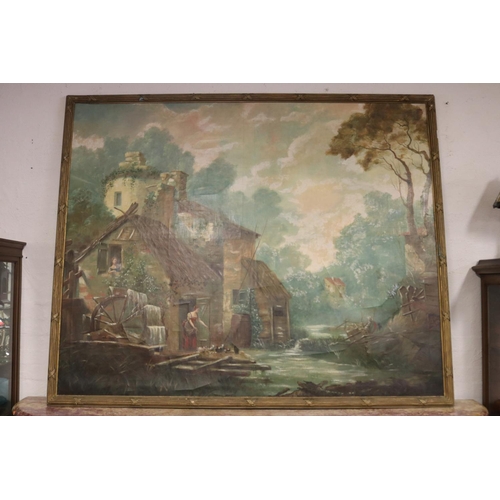 358 - Large antique French school, watermill and cottage in a rural landscape, oil on canvas, approx 160cm... 