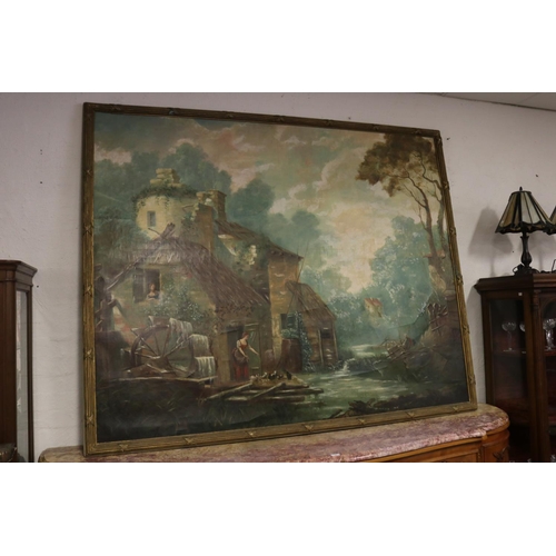 358 - Large antique French school, watermill and cottage in a rural landscape, oil on canvas, approx 160cm... 