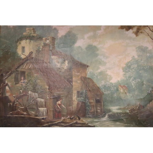 358 - Large antique French school, watermill and cottage in a rural landscape, oil on canvas, approx 160cm... 