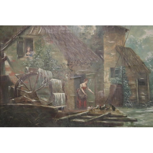 358 - Large antique French school, watermill and cottage in a rural landscape, oil on canvas, approx 160cm... 