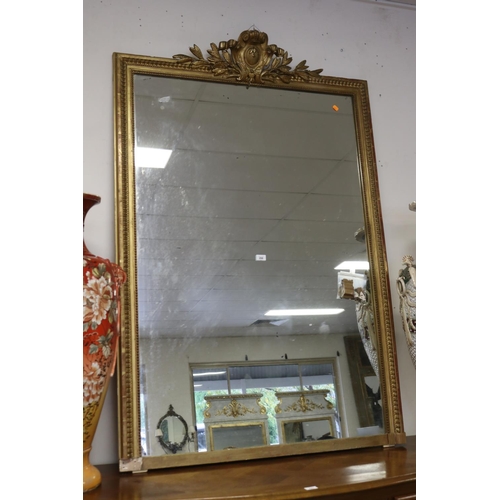 359 - Antique French Louis XV style salon mirror, damages to crest, 168cm x 110cm