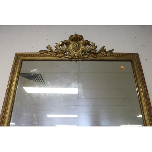 359 - Antique French Louis XV style salon mirror, damages to crest, 168cm x 110cm