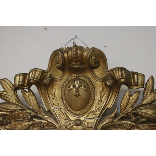 359 - Antique French Louis XV style salon mirror, damages to crest, 168cm x 110cm