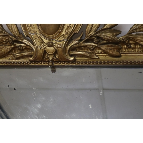 359 - Antique French Louis XV style salon mirror, damages to crest, 168cm x 110cm