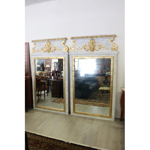 420 - Pair of large French pier mirrors, each distressed painted with raised gilt decoration, each approx ... 