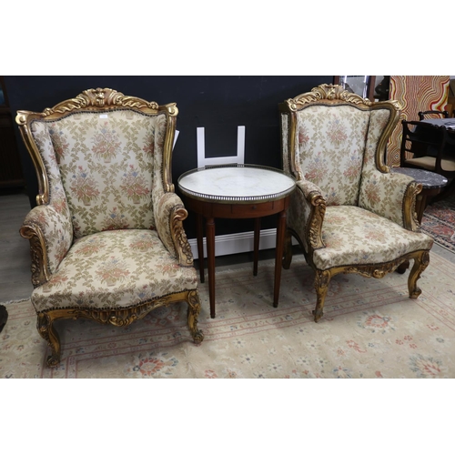 421 - Pair of French style gilt gesso silk upholstered armchairs in the Rococo design, each approx 117cm H... 