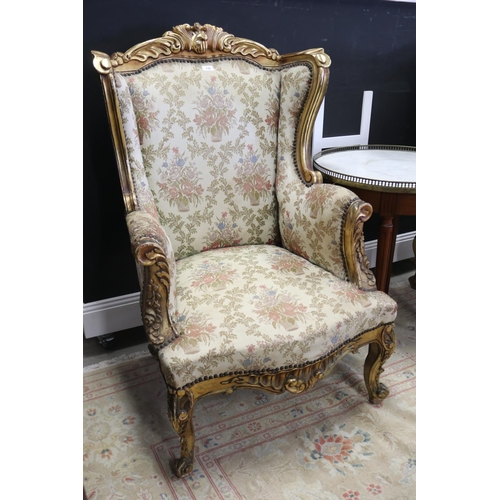 421 - Pair of French style gilt gesso silk upholstered armchairs in the Rococo design, each approx 117cm H... 