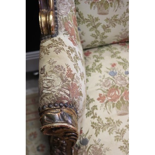 421 - Pair of French style gilt gesso silk upholstered armchairs in the Rococo design, each approx 117cm H... 
