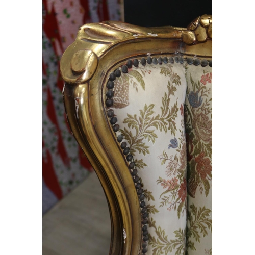 421 - Pair of French style gilt gesso silk upholstered armchairs in the Rococo design, each approx 117cm H... 