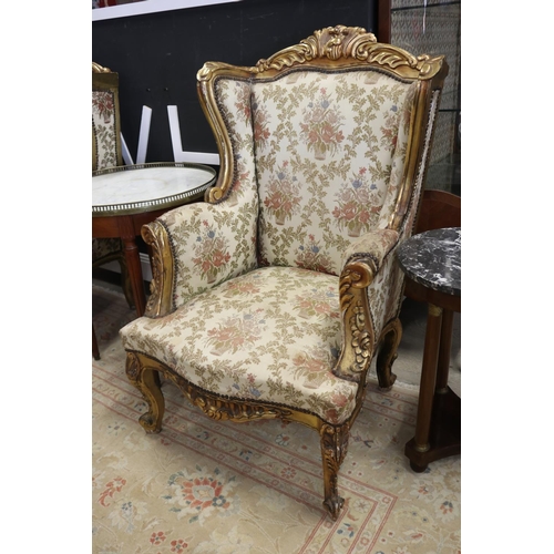 421 - Pair of French style gilt gesso silk upholstered armchairs in the Rococo design, each approx 117cm H... 