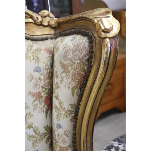 421 - Pair of French style gilt gesso silk upholstered armchairs in the Rococo design, each approx 117cm H... 