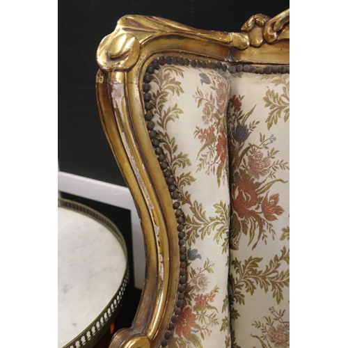 421 - Pair of French style gilt gesso silk upholstered armchairs in the Rococo design, each approx 117cm H... 