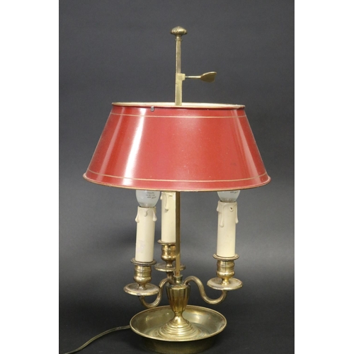 110 - French brass dish based three light briolette lamp, approx 49cm H