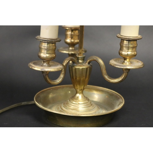 110 - French brass dish based three light briolette lamp, approx 49cm H