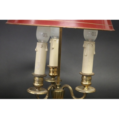 110 - French brass dish based three light briolette lamp, approx 49cm H