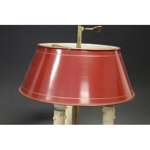 110 - French brass dish based three light briolette lamp, approx 49cm H