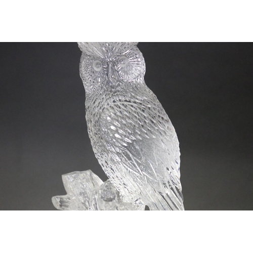 113 - Rare custom made Fred Curtis Waterford crystal owl figure on wooden base, signed Fred Curtis Waterfo... 