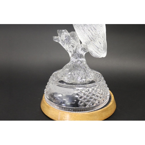 113 - Rare custom made Fred Curtis Waterford crystal owl figure on wooden base, signed Fred Curtis Waterfo... 