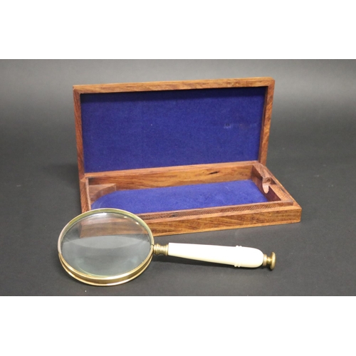 114 - Hand held magnifier glass in fitted wooden case, approx 24cm L