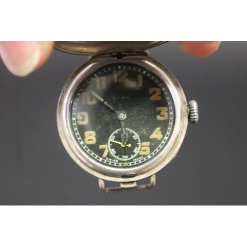 120 - Rare example CYMA 925 mark military grade watch, with rare enclosed push button flip cover, approx 3... 