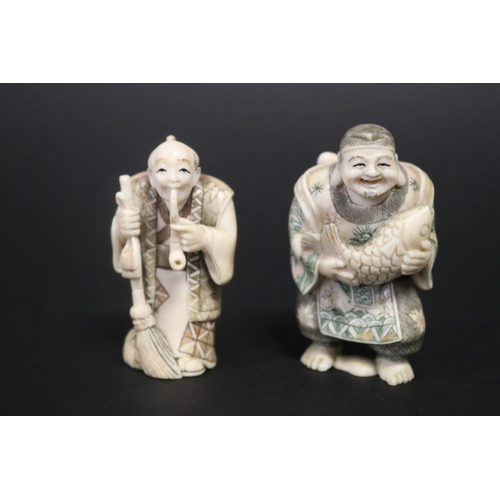 121 - Two well carved Japanese ivory small figures, both signed, approx 6.5cm and 6.2cm H (2)